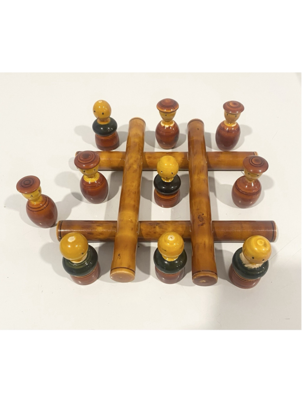 Vintage Hand Painted Wooden Tic Tac Toe Game India Folk Art Peg Dolls